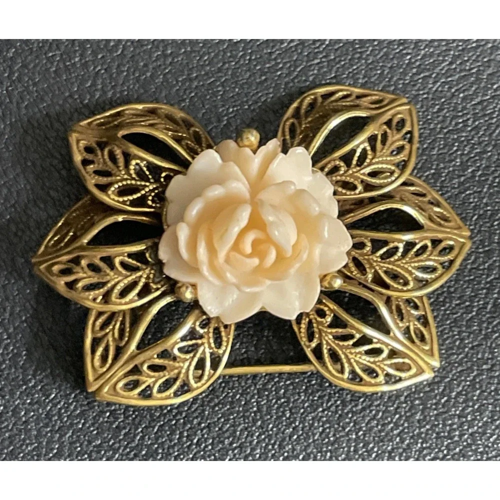 Vintage Filigree Bow Brooch Victorian Revival Gold Tone Peach Flower Pin Jewelry